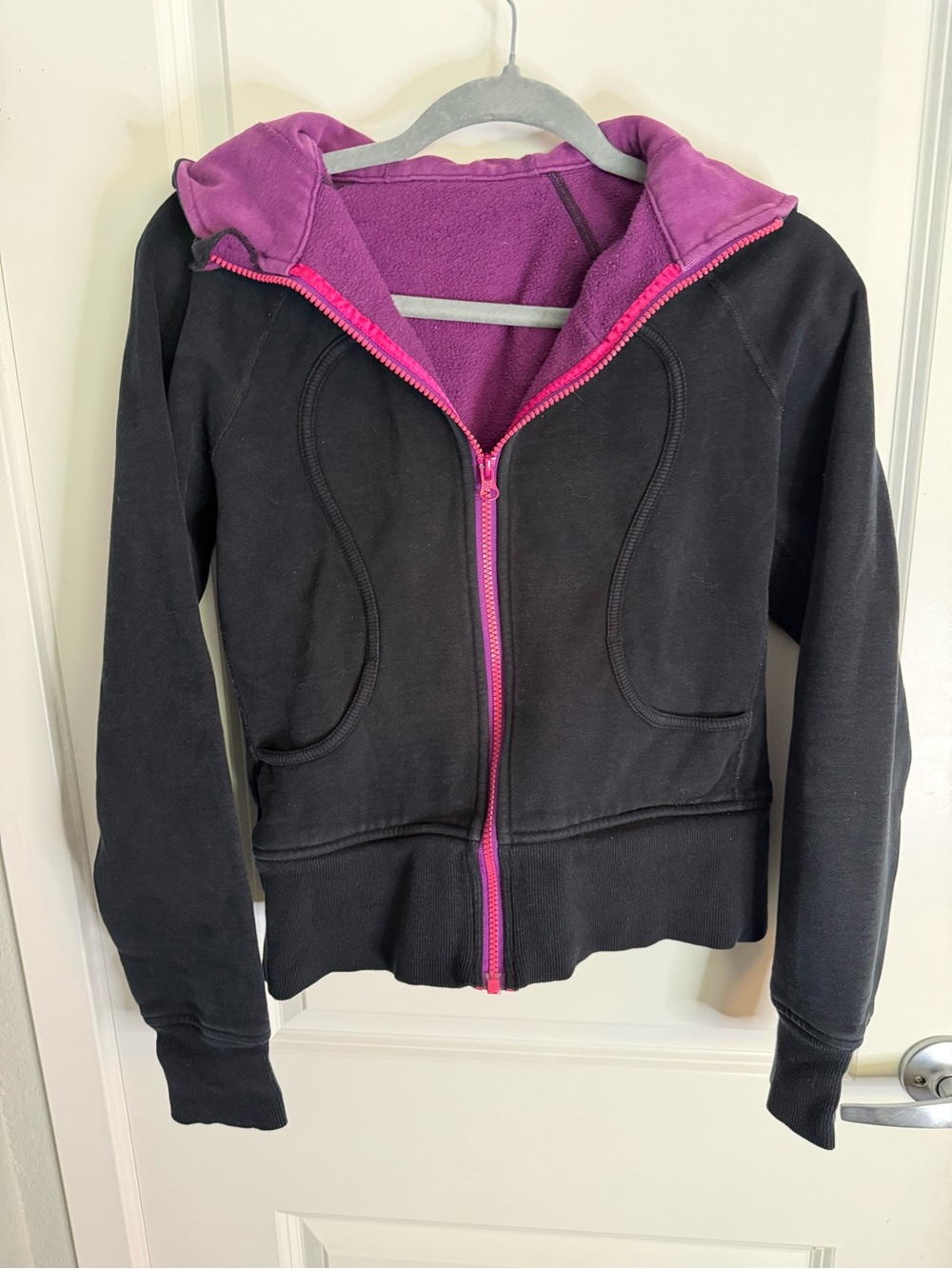 Black Fleece Hoodie with Pink Lining and Zip